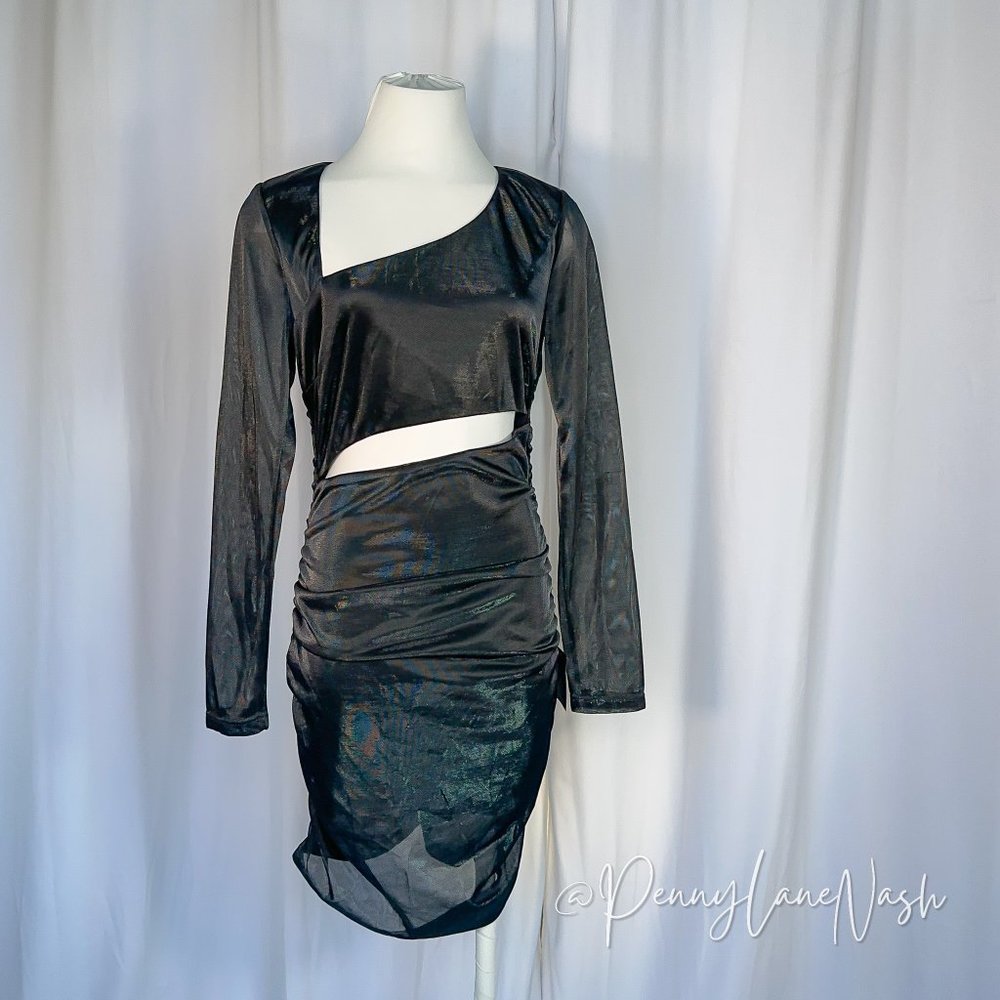 NWT Lulu's Night at the Club Black Metallic Cutout Bodycon Mini Dress Black - Picture 2 of 10